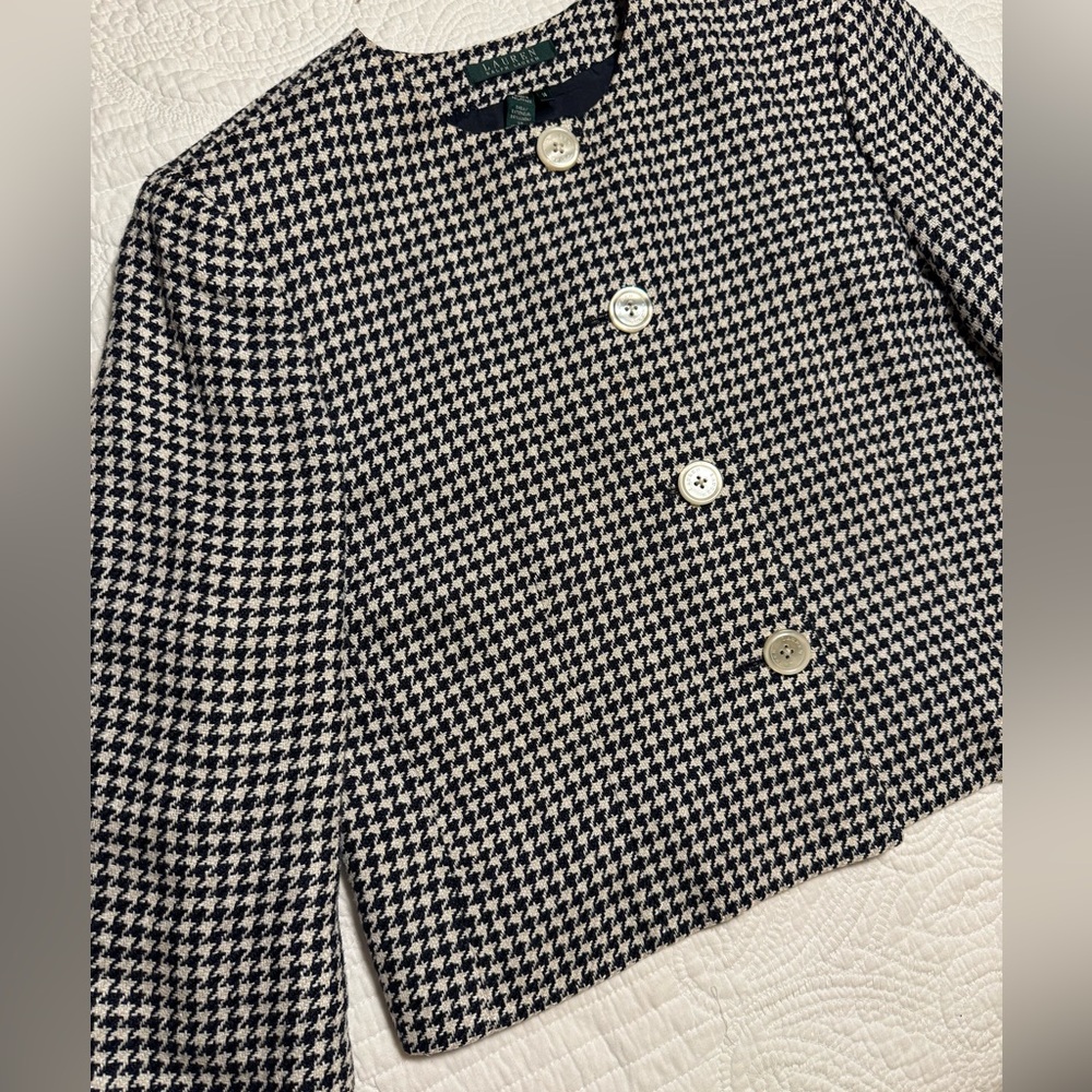 Lauren Ralph Lauren Women's Linen Silk Blend Houndstooth Blazer Jacket Size 14